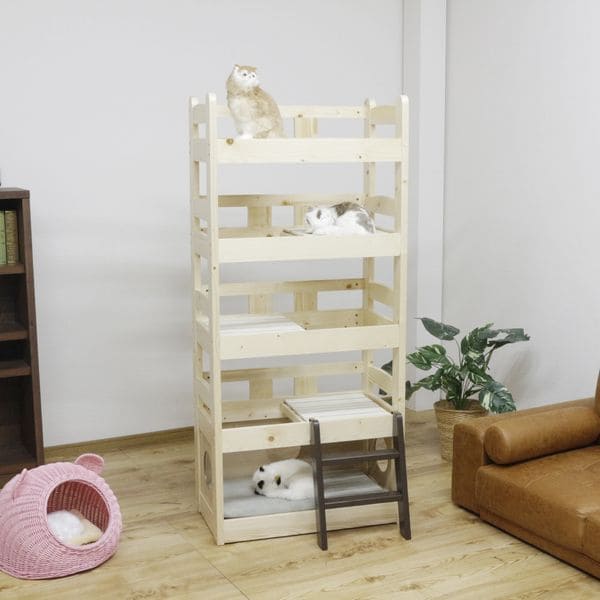 北欧パイン材を使用した小屋付き５段ペットベッド | キャットタワー 猫 猫用 ペット用ベッド ネコ キャットベッド ペット用品 ペットベッド ナチュラル デザイン 北欧 パイン材 木製 すのこ式 おしゃれ かわいい 可愛い キャット ねこ ねこちゃん 小屋付き 秘密基地 ハシゴ付