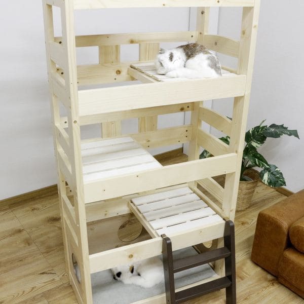 北欧パイン材を使用した小屋付き５段ペットベッド | キャットタワー 猫 猫用 ペット用ベッド ネコ キャットベッド ペット用品 ペットベッド ナチュラル デザイン 北欧 パイン材 木製 すのこ式 おしゃれ かわいい 可愛い キャット ねこ ねこちゃん 小屋付き 秘密基地 ハシゴ付