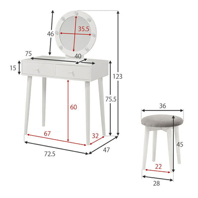 ドレッサー おしゃれ 可愛い LED 化粧台 女優ライト スツールセット メイクボックス 化粧品収納 一面鏡 シンプル メイクミラー 天然木 ベロア調 スツール 引き出し ホワイト 収納棚 明るさ調節 かわいい 女優ドレッサー MD-6575 MD-6576