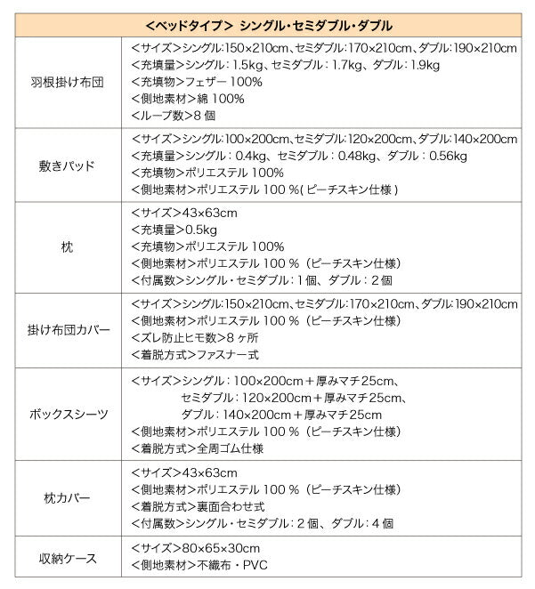 ダブル 8点セット 羽根掛け布団＋敷きパッド＋枕＋掛け布団カバー＋ボックスシーツ＋枕カバー＋洗い替え用枕カバー+収納ケース ベッドタイプ おしゃれ かわいい シンプル 快眠 寝具セット