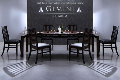 ハイバックチェア ウォールナット材 スライド伸縮式ダイニング Gemini ジェミニ 8点セット テーブル+チェア6脚+ベンチ1脚 W140-240
