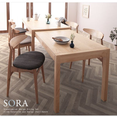 北欧デザイン スライド伸縮テーブル ダイニングセット SORA ソラ 6点セット テーブル+チェア4脚+ソファベンチ1脚 W135-235