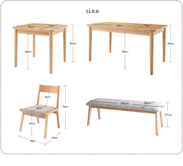 ダイニングテーブル4点セット テーブルW130cm＋チェア2脚＋ベンチ  家具 天然木 ロースタイル ダイニング家具 テーブルW130
