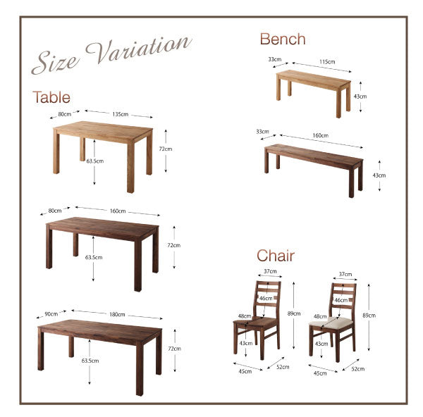 ダイニング4点セット テーブル W160cm ＋チェア2脚＋ベンチ W115cm カラー：ウォールナット | ダイニング 天然木 テーブル W160 総無垢 ウォールナット 無垢