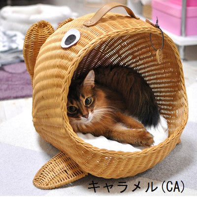 ペット用ラタンくじらベッド オールハンドメイド 天然素材ベッド キャットベッド キャットドーム キャットハウス 籐 トウ ラタン ベッド ネコ 小型クッション おしゃれ かわいい