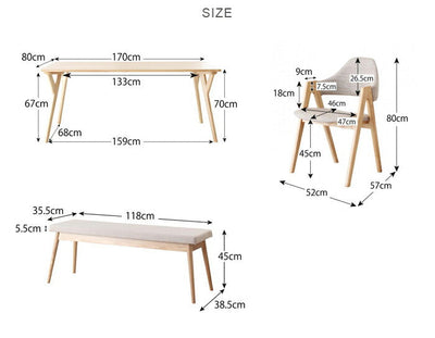 ダイニング6点セット テーブル W170cm ＋チェア4脚＋ベンチ1脚 北欧 デザイン ワイド ダイニング 6点4人用 椅子 木製 ダイニングチェア 椅子 チェア デザイナーズチェア